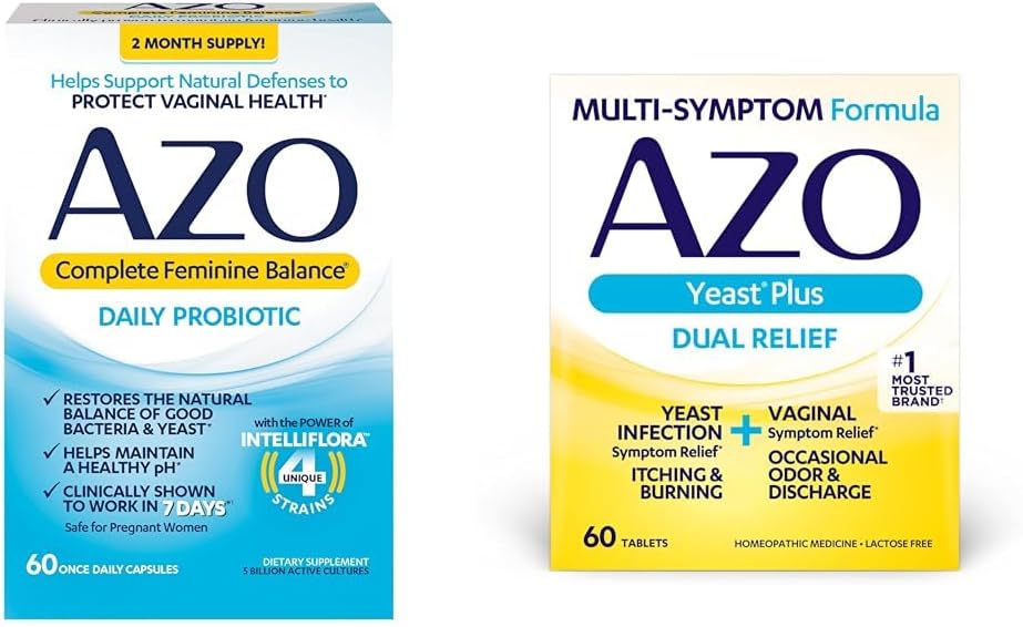 Azo Complete Feminine Balance Daily Probiotics For Women & Yeast Plus Dual Relief Tablets, Yeast Infection And Vaginal Symptom Relief, Relieves Itching & Burning, 60 Count