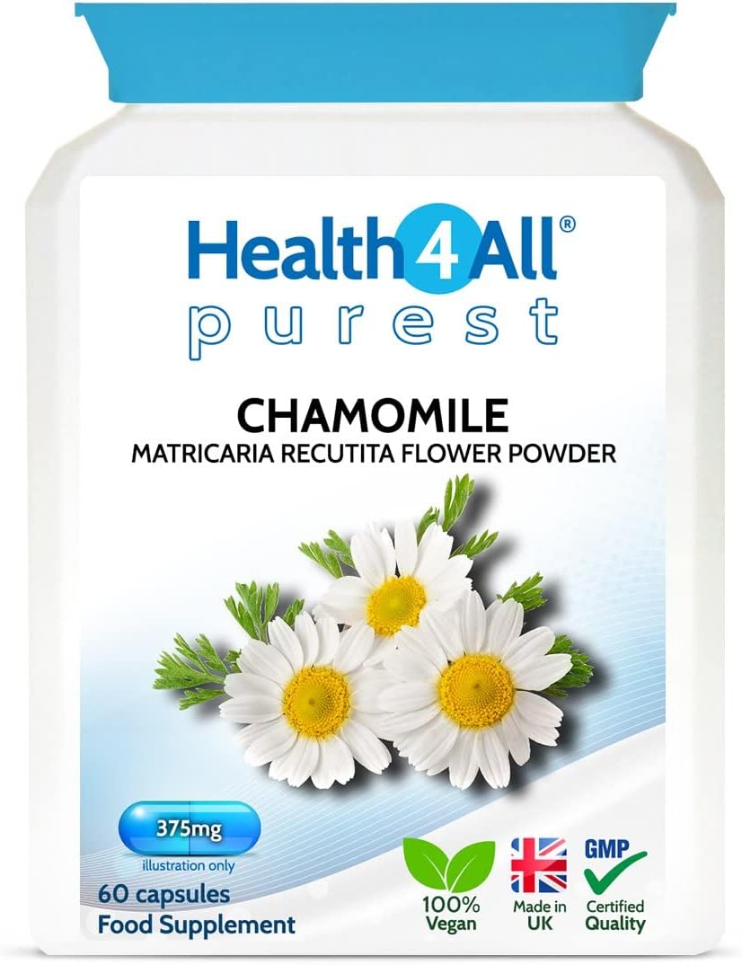 Health4All Chamomile 375Mg, 60 Capsules 2 Months Supply, Purest Anxiety, Stress, Sleep And Digestive Health Supplement, Vegan Chamomile Flower Powder (Not Extract) Capsules (Not Tablets) | Made In Uk