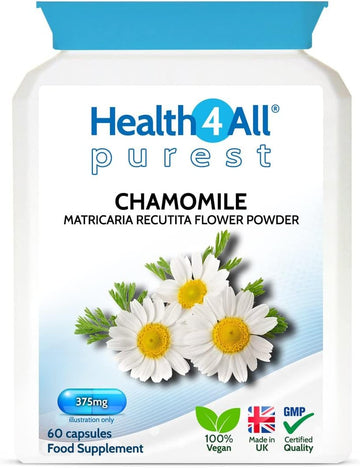 Health4All Chamomile 375Mg, 60 Capsules 2 Months Supply, Purest Anxiety, Stress, Sleep And Digestive Health Supplement, Vegan Chamomile Flower Powder (Not Extract) Capsules (Not Tablets) | Made In Uk