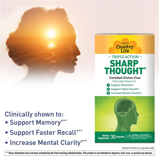 Country Life Sharp Thought - Memory & Cognitive Support Supplement – Sharp-Ps Gold Phosphatidylserine + Dha – Promotes Mental Clarity & Faster Recall – Gluten-Free, 30 Capsules
