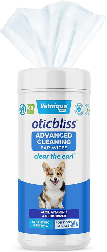 Vetnique Labs Oticbliss Ear Cleaner Wipes/Flushes for Dogs & Cats with Odor Control and Itch Relief Reduces Head Shaking - Clear The Ear (Ear Cleaning Wipes, Advanced Cleaning Large)