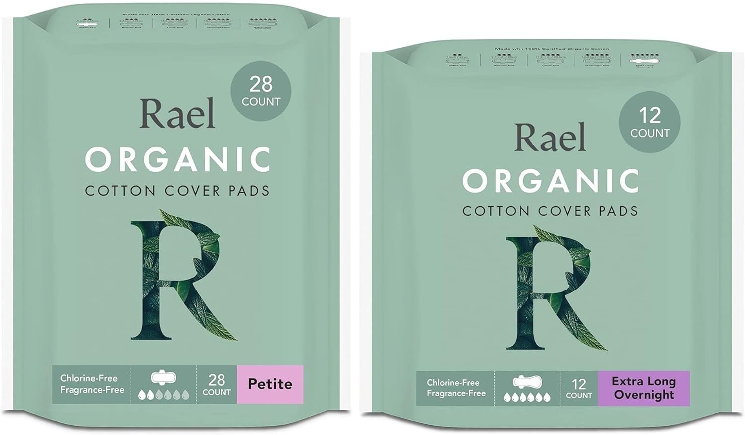 Rael Period Bundle - Organic Cotton Cover Pads (Petite, 28 Count) & Extra Long Overnight (12 Count)