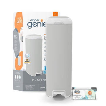 Diaper Genie Platinum Pail (Stone Grey) Is Made In Durable Stainless Steel And Includes 1 Easy Roll Refill With 18 Bags That Can Last Up To 5 Months