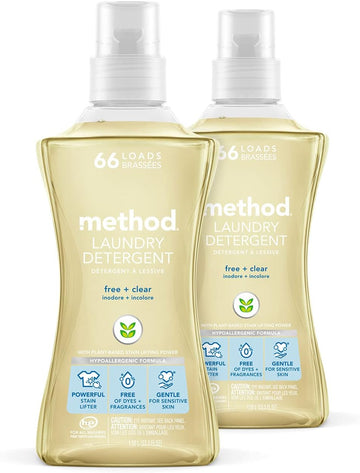 Method Liquid Laundry Detergent, Fragrance Free + Clear, 66 Loads Per Bottle, Hypoallergenic + Biodegradable Formula, Plant-Based Stain Remover, 53.5 Fl Oz (Pack Of 2)