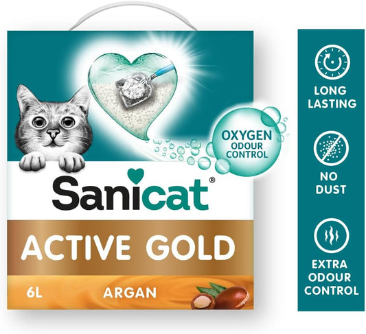 Sanicat - Active Gold argan scented Clumping Cat Litter | Made of natural minerals with guaranteed odour control | Absorbs moisture and makes cleaning easier | 6 L capacity?PSANACGA006L