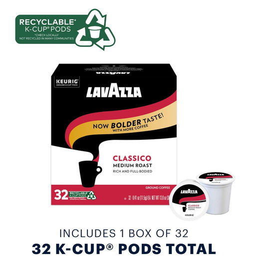 Lavazza Classico Single-Serve Coffee K-Cup® Pods For Keurig® Brewer, Medium Roast, Caps Classico, 32 Count (Pack Of 4) Full-Bodied Medium Roast With Rich Flavor And Notes Of Dried Fruit, Value Pack