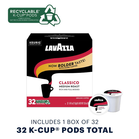 Lavazza Classico Single-Serve Coffee K-Cup® Pods for Keurig® Brewer, Medium Roast, Caps Classico, 32 Count (Pack of 4) Full-bodied medium roast with rich flavor and notes of dried fruit, Value Pack
