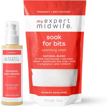 My Expert Midwife Super Scrub Duo-Pregnancy & Postpartum Gentle Body Exfoliator to Relieve & Recharge, Combine Benefits of Soak for Bits Epsom Bath Salts & Fantastic Skin Elastic Body Serum 750g/150ml