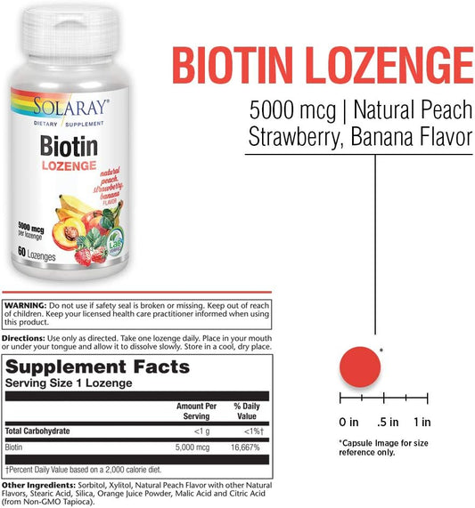 SOLARAY Biotin 5000 mcg | Natural Peach, Strawberry, Banana Flavor | Healthy Hair, Skin & Nails Support | 60 Lozenges