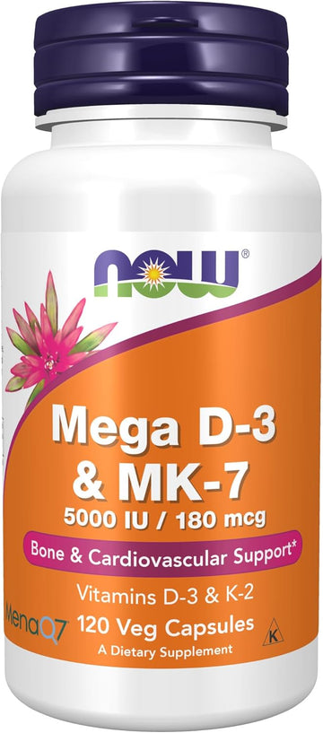 NOW Supplements, Mega D-3 & MK-7, 5000 IU / 180 mcg, Bone & Cardiovascular Support*, Vitamins K-3 & K-2, 120 Capsules