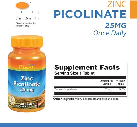 Thompson Zinc Picolinate 25 Mg | Once Daily | Healthy Immune System, Cell Function & Metabolism Support | High Absorption | 60 Tablets