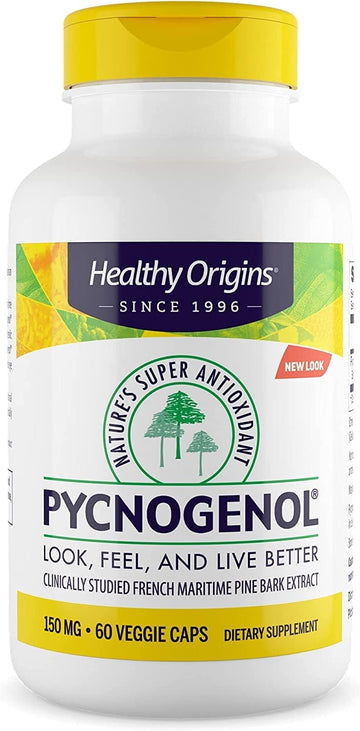 Healthy Origins Pycnogenol 150 mg - Premium Pine Bark Extract - French Maritime Pine Bark Extract for Heart Health, Skin Care & More - Gluten-Free & Non-GMO Supplement - 60 Veggie Caps