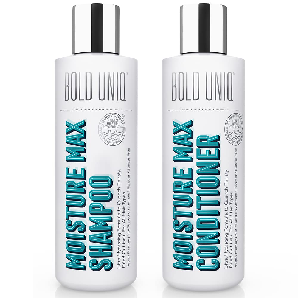 Bold Uniq Moisturizing & Hydrating Shampoo & Conditioner Bundle. For Dry Hair & Scalp. Adds Moisture & Shine. Detangles & Repairs Damaged, Colored, Curly & Frizzy Hair. Paraben & Sulfate Free
