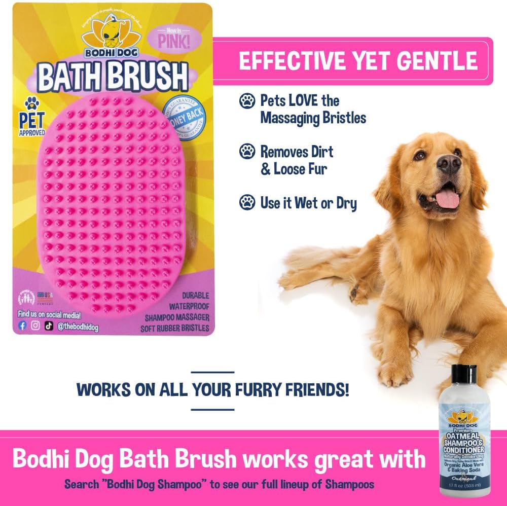 Bodhi Dog Shampoo Brush | Pet Shower & Bath Supplies for Cats & Dogs | Dog Bath Brush for Dog Grooming | Long & Short Hair Dog Scrubber for Bath | Professional Quality Dog Wash Brush (One Pack, Pink)