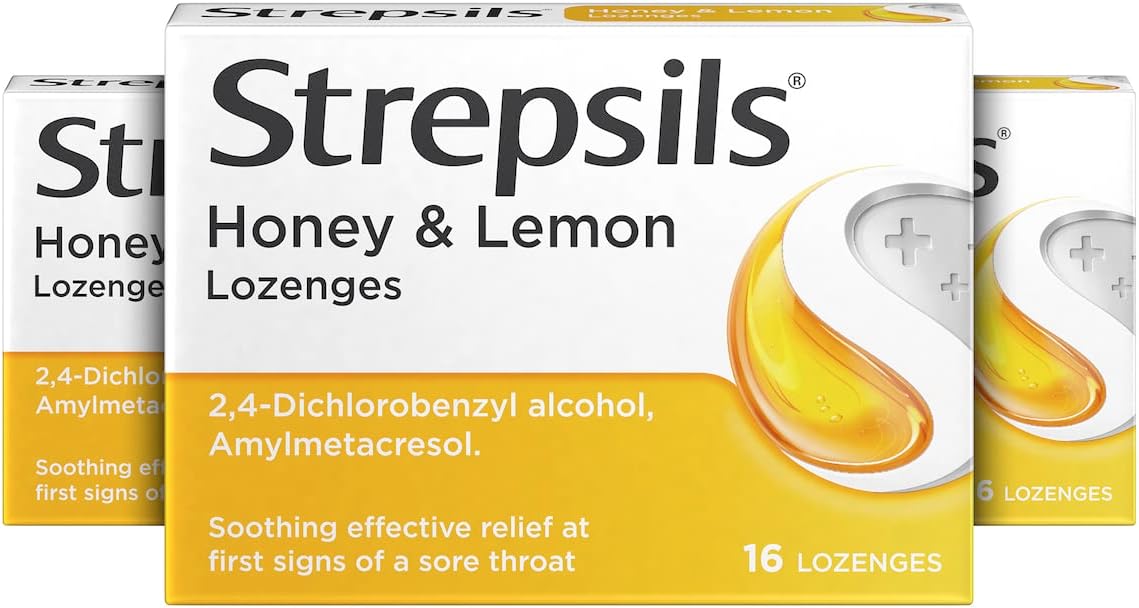 Strepsils Honey And Lemon , 16 Throat Lozenges X 3, 48 Total, Sore Throat Relief, Soothes Throat, Relieves Throat Irritation, Fast Acting, Effective Relief, Sore Throat, Medication