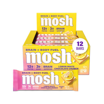 Mosh Lemon White Chocolate Keto Protein Bars, High Protein, Gluten Free, Brain Healthy Snack With Ashwagandha And Lions Mane, 12 Count