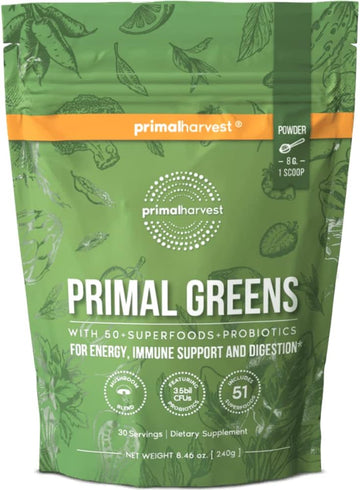 Primal Harvest Super Greens Powder, 30 Servings W/+50 Greens Superfood Chlorella, Probiotics, Green Tea, Wheatgrass, Kale, Turmeric For Energy,Primal Greens