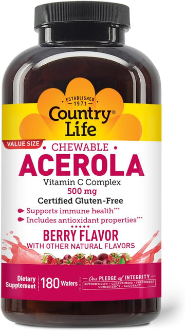 Country Life Acerola Vitamin C Complex, 500Mg, Chewable Berry Flavored Wafers, Supports Immune Health, 180 Wafers, Certified Gluten Free By Gfco , Certified Vegan By Ava
