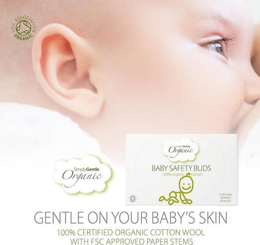 Simply Gentle Organic, Baby Safety Buds - Eco-Friendly & Biodegradable Buds, 100% Organic Cotton & Fsc Paper Stems - Soft & Hypoallergenic, Suitable For Newborns - 72 Buds (Pack Of 6)
