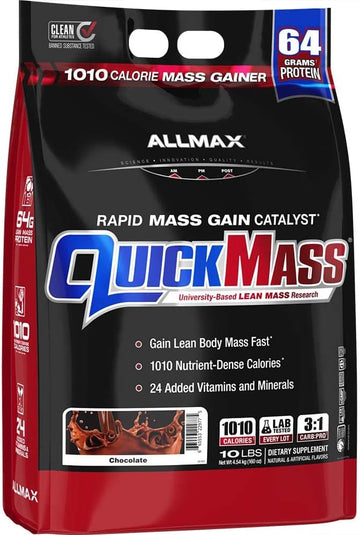 Allmax Quickmass, Chocolate - 10 Lb - Rapid Mass Gain Catalyst - Up To 64 Grams Of Protein Per Serving - 3:1 Carb To Protein Ratio - Zero Trans Fat - Up To 70 Servings