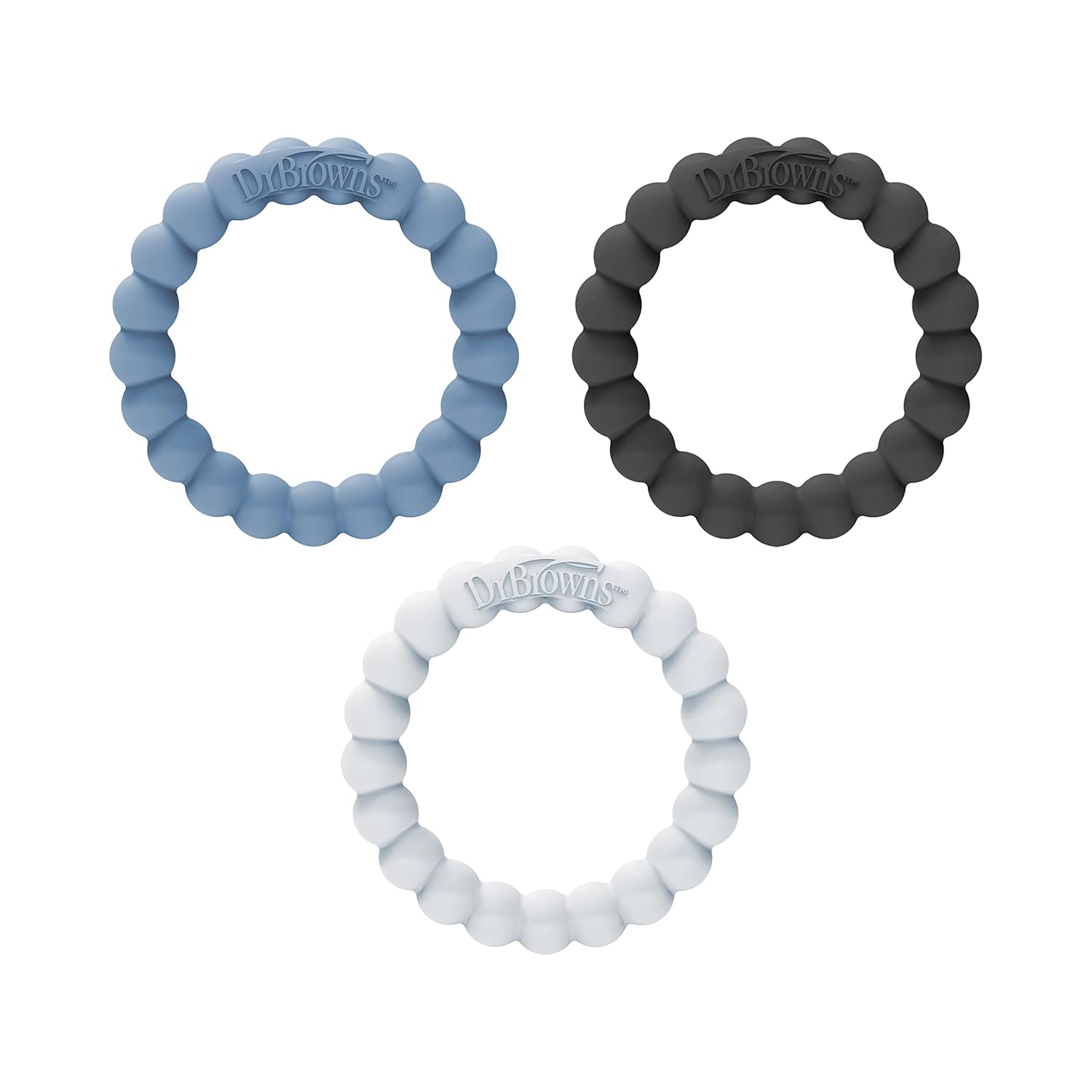 Dr. Brown'S Flexees Beaded Teether Rings, 100% Silicone, Soft & Easy To Hold, Encourages Self-Soothe, 3 Pack, Blue, Light Blue, Black, Bpa Free, 3M+