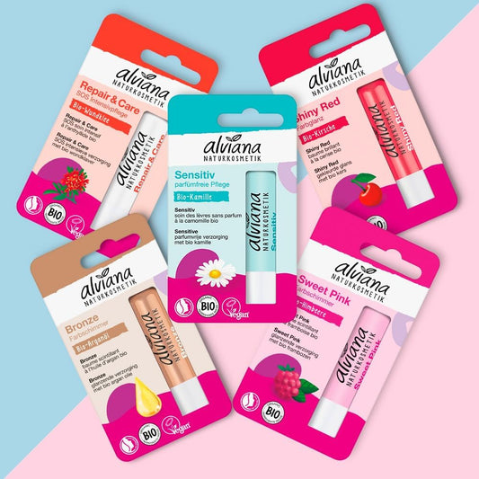 Alviana Lip Balm Collection - Set of 5 Natural Organic Lip Balms: Sensitive, Repair & Care, Bronze, Shiny Red, Sweet Pink - Hypoallergenic, Vegan, European Quality