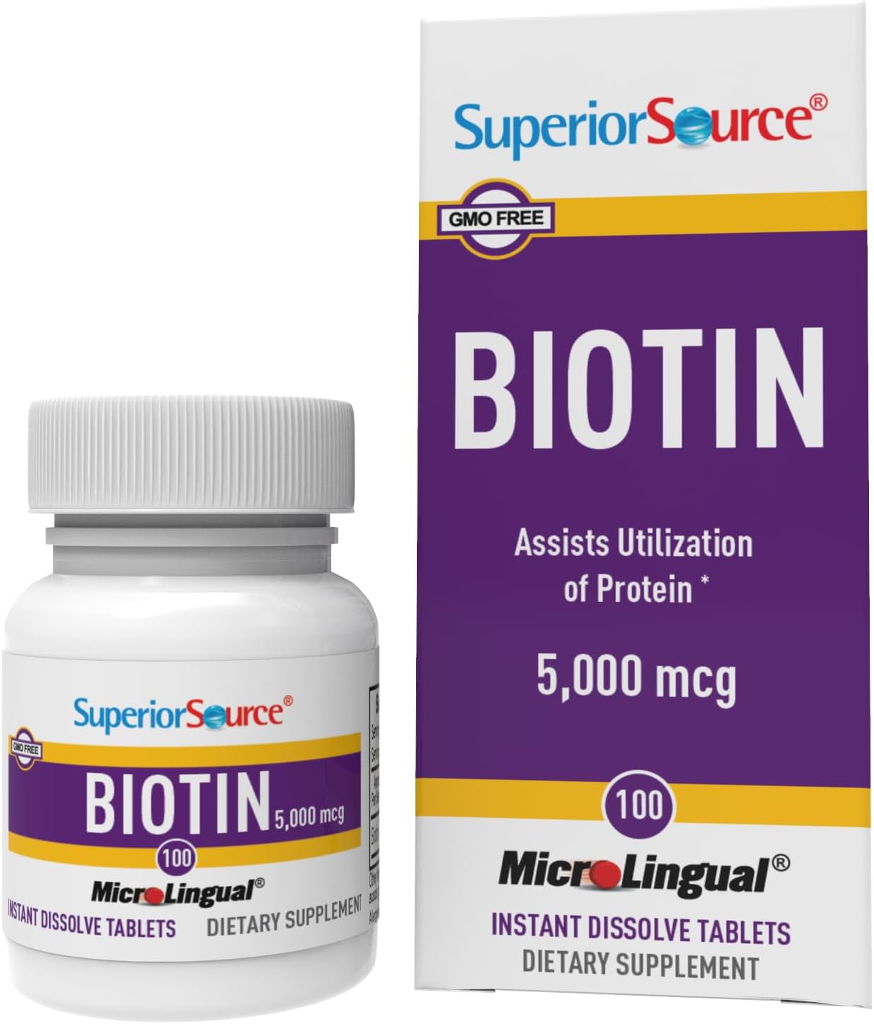 Superior Source Biotin 5000 mcg. Under The Tongue Quick Dissolve MicroLingual Tablets, 100 Count, Supports Healthy Hair, Skin, and Nail Growth, Helps Support Energy Metabolism, Non-GMO