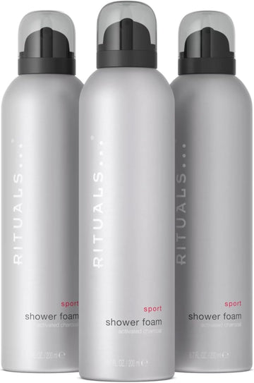 Rituals Shower Foam Sport, Value Pack - Gel With Activated Charcoal, Post-Workout Cleansing Foaming Gel - 3 X 200Ml