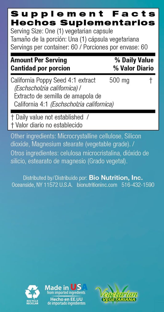 Bio Nutrition California Poppy Herbal Supplement 60 Vegetarian Capsules | Natural Relaxation