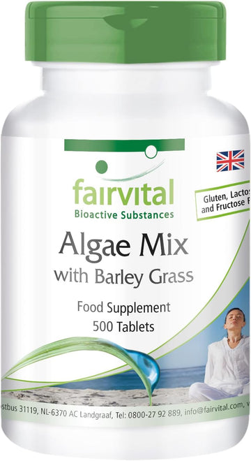 Fairvital | Algae Mix with barley grass - BULK PACK for 3 months - VEGAN - 500 tablets - Spirulina, chlorella and barley grass without additives