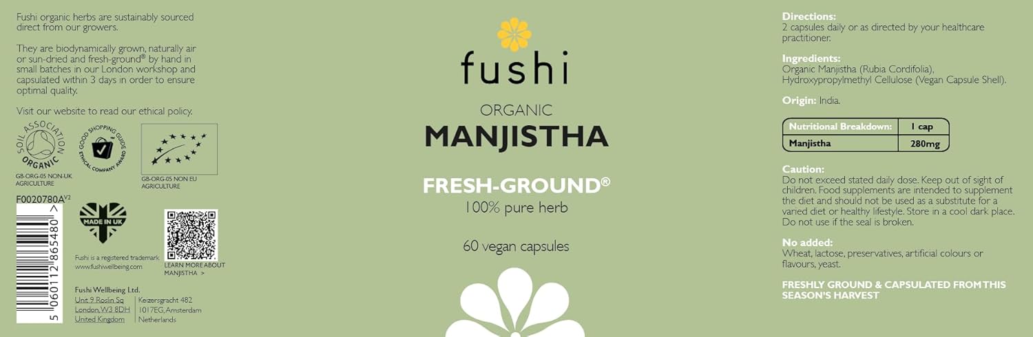 Fushi Organic Manjistha Capsules, 60 Caps | Fresh-Ground Whole Food | Ayurveda Medicine | Indigenously Sourced | Ethical & Vegan | Made in the UK : Amazon.co.uk: Grocery