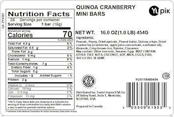 Yupik Quinoa Cranberry Mini Bars, 1 Lb, Individually Wrapped Healthy Snack, Nut Bars, Crunch Bars, Gluten-Free With Peanuts, Honey, Quinoa Crisps, Cranberry, Apricots, Peanut Butter, Snack On The Go