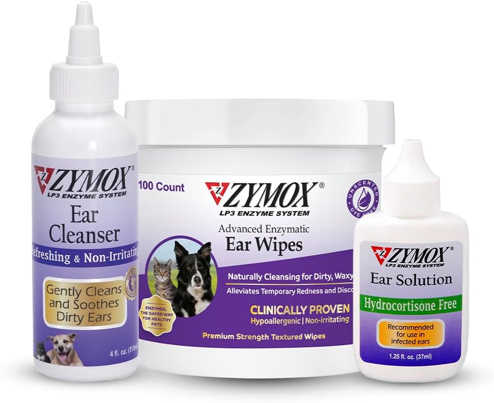 Zymox Enzymatic Ear Wipes, Ear Cleanser, & Ear Solution Without Hydrocortisone For Dogs And Cats - Product Bundle - For Dirty, Waxy, Smelly Ears And To Soothe Ear Infections