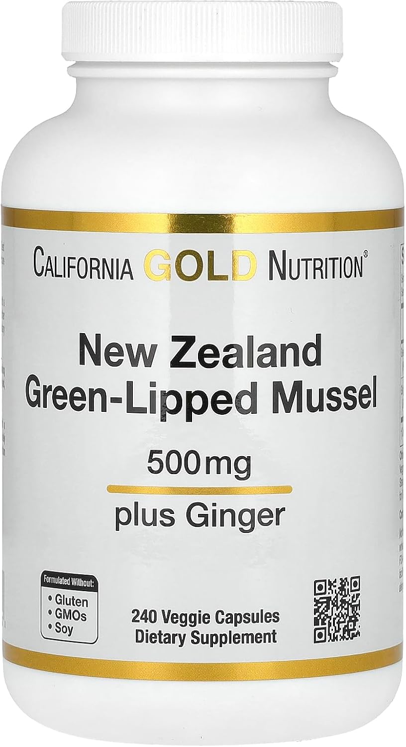 California Gold Nutrition New Zealand Green-Lipped Mussel Plus Ginger, 500 Mg, 240 Veggie Capsules