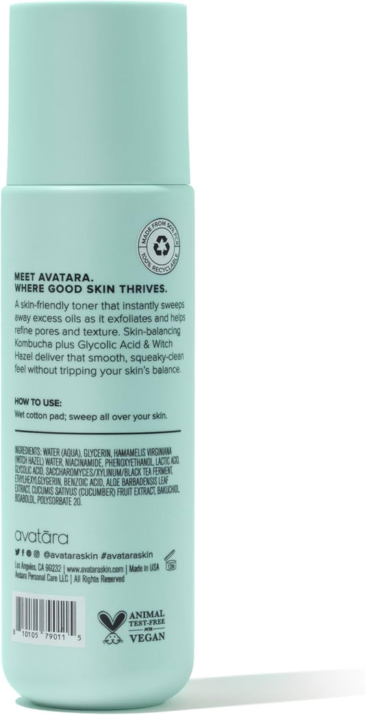 Avatara - Kombucha The Clean Sweep Face Toner, Glycolic Acid Toner For Face, Face Exfoliator With Witch Hazel And Bakuchiol, Calming Pore Minimizer For Face, Hydrating Skincare For Teens, 4.05 Fl. Oz