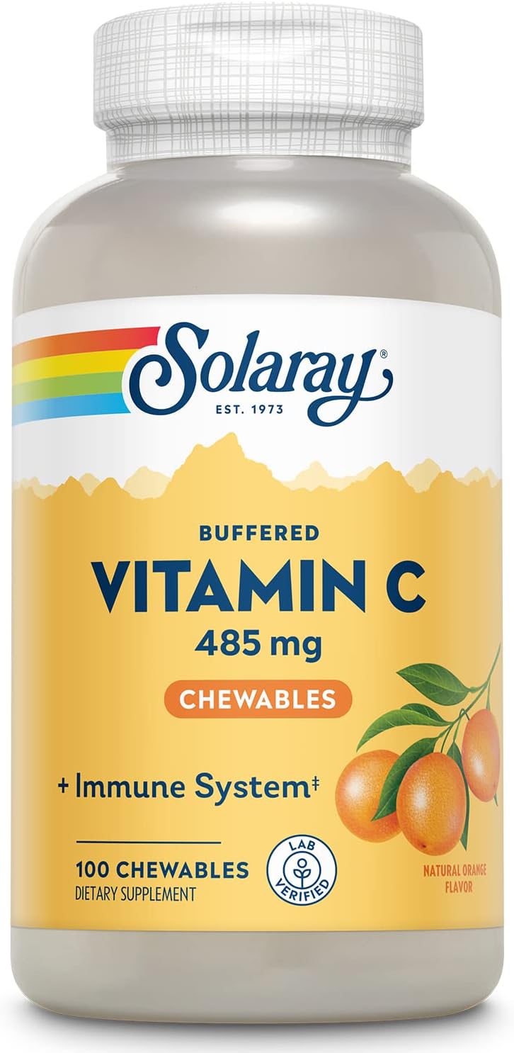 SOLARAY Chewable Vitamin C with Rose HIPS and Acerola Cherry - Buffered Vitamin C for Gentle Digestion - Immune Support Supplement - Natural Orange Flavor, 60-Day Guarantee, 100 Serv, 100 Chewables