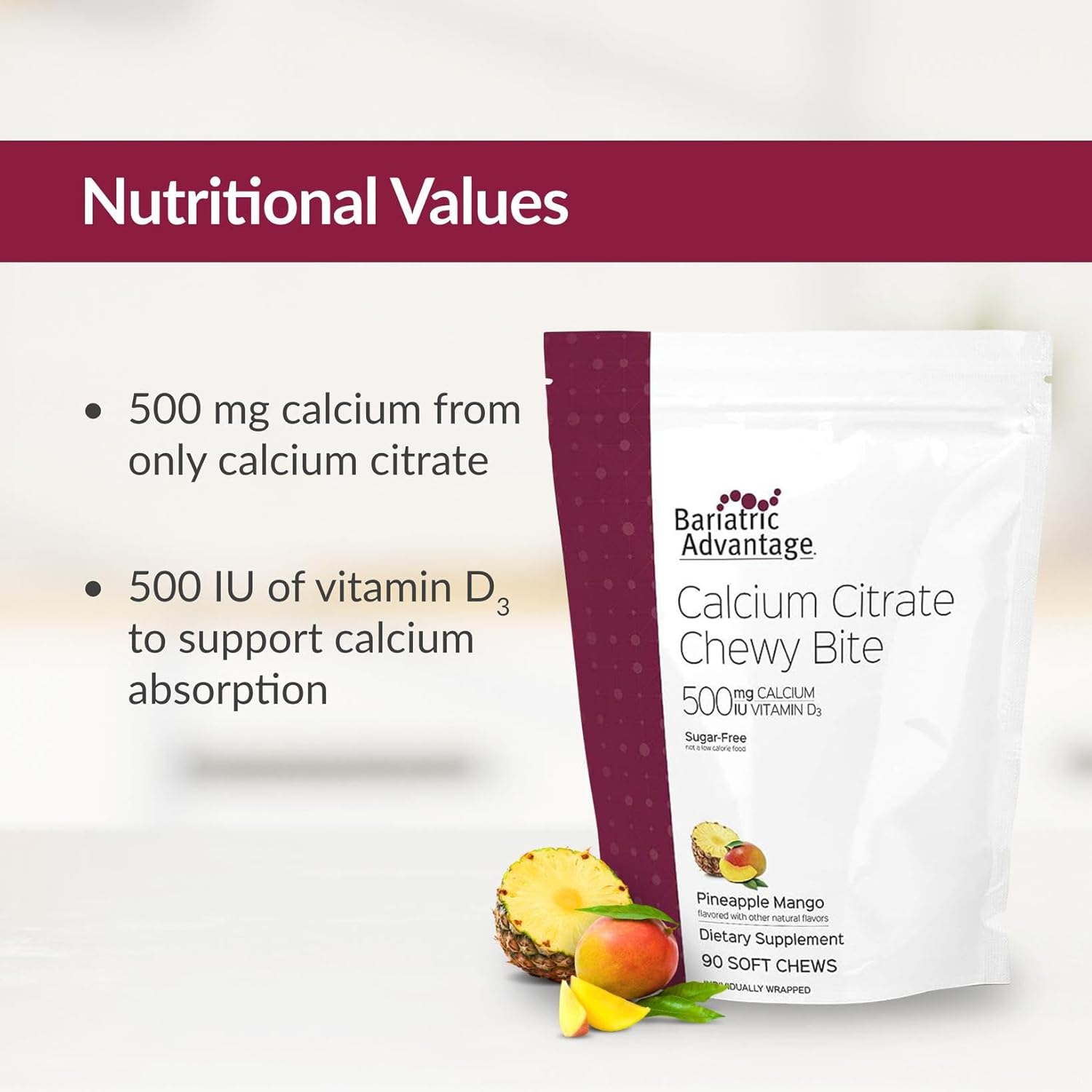 Bariatric Advantage Calcium Citrate Chewy Bites 500 Mg - For Bariatric Surgery Patients - Vitamin D3 - Sugar-Free Chewable Calcium Supplement - Bariatric Chews - Pineapple Mango - 90 Count : Health & Household