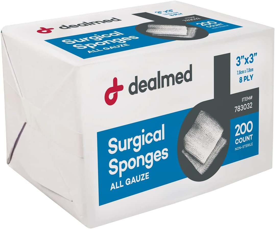 Dealmed 3" X 3" Surgical Sponges, 8-Ply, Non-Woven Absorbent Gauze Sponges For Wound Care, First Aid Kits And Medical Facilities, 200 Count (Pack Of 1)