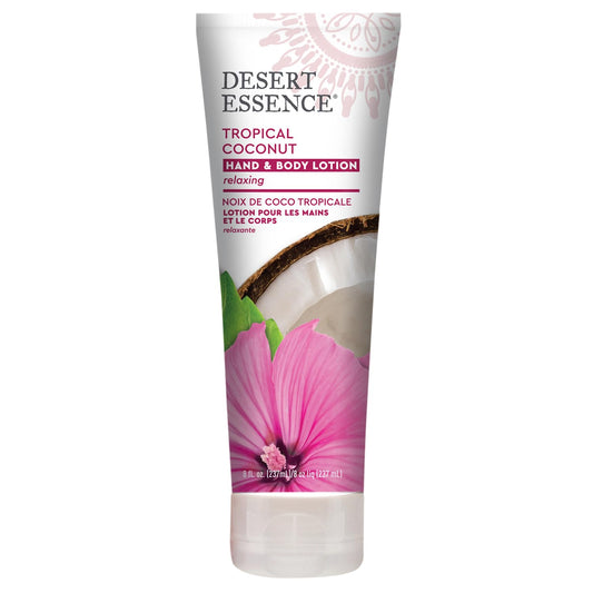 Desert Essence, Tropical Coconut Hand & Body Lotion 8 Fl. Oz. - Gluten Free - Vegan - Cruelty Free - Coconut Oil, Jojoba Oil & Vitamin E - Intense Hydration - Tropical Coconut Scent
