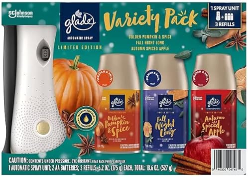 Glade Automatic Spray Air Freshener, 1 Holder + 3 Refills, Mixed Fall Scents Fall Night Long, Autumn Spiced Apple, Golden Pumpkin & Spice