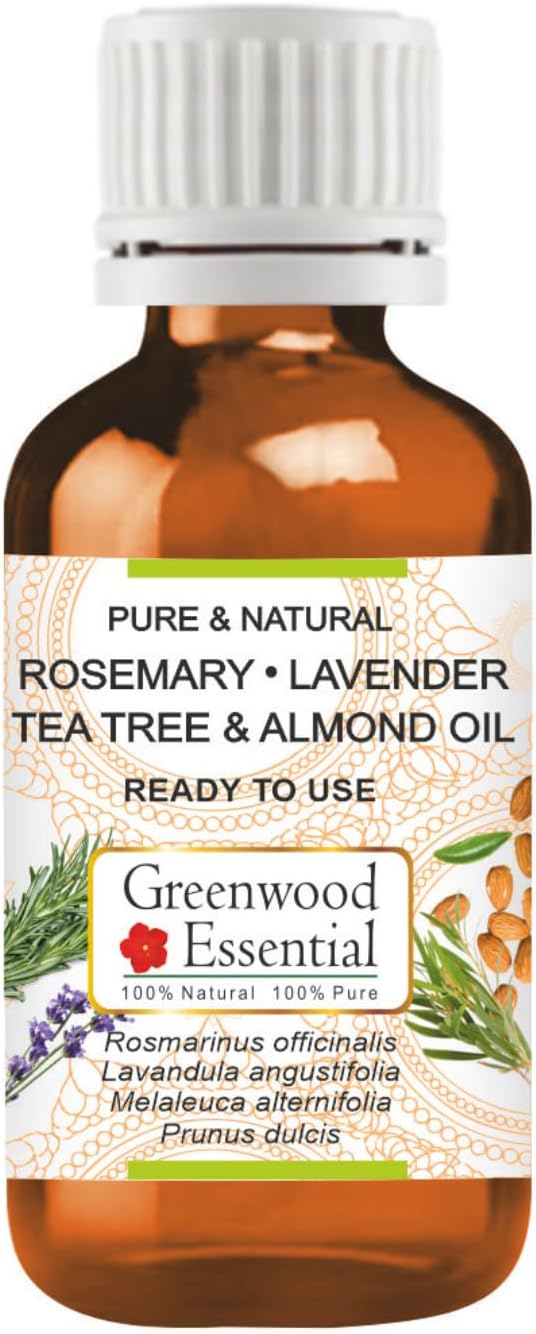 Greenwood Essential Rosemary Lavender Tea Tree And Almond Oil, Ancient Recipe For Healthy Hair And Scalp Massage Pure And Natural 100Ml (3.38Oz)
