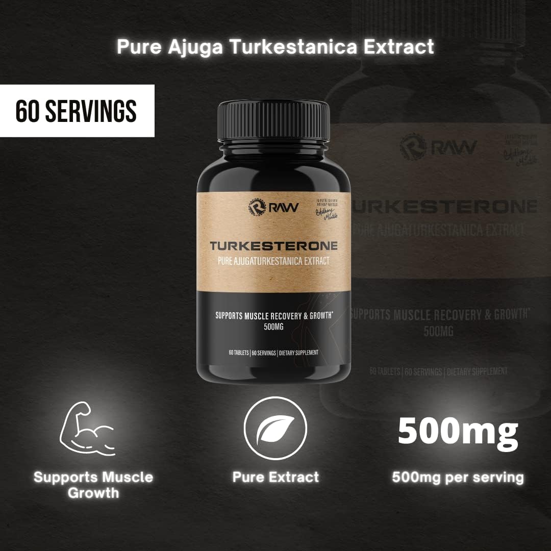 RAW Turkesterone Supplement Ajuga Turkestanica Extract Standardized to 10% (Highest) | Testosterone Booster for Men, Strength Enhancing, Mood Booster, Muscle Builder for Men | 60 Capsules, 500mg Each : Health & Household