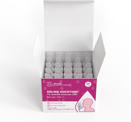 Base Laboratories 7% Saline Solution For Nebulizer Machine | Saline Solution For Inhalation & Nasal Irrigation | High 7% Concentration L 25 Vials 5Ml Unit Dose