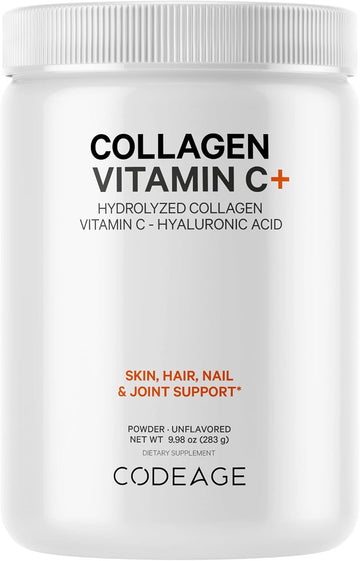 Codeage Collagen Peptides Powder + Vitamin C, Digestive Enzymes, Hyaluronic Acid, Amino Acids - Hydrolyzed Protein Collagen Type I & Iii Grass Fed Collagen - Non-Gmo, Gluten-Free, Unflavored - 9.98 Oz