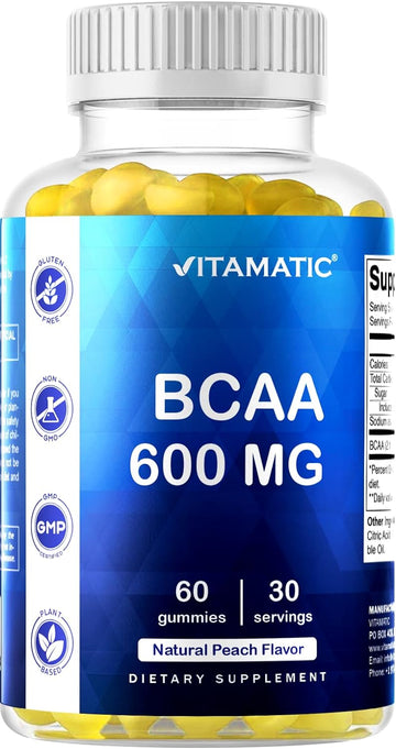 Vitamatic BCAA Gummies - Branch Chain Amino Acid Supplements - Peach Flavor - 600mg per Serving - 60 Vegan Pectin Based Gummies (1 Bottle)