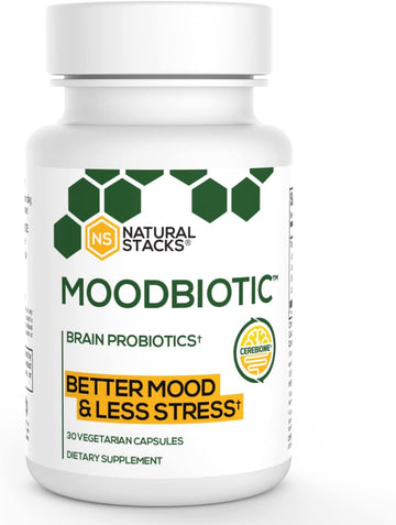 NATURAL STACKS MoodBiotic Probiotics for Women & Men - Probiotic Lactobacilli Supplement w/ 6 Billion CFU for Better Mood, Stress Management, Improved Cognition & Gut Health (30ct) - w/Cerebiome