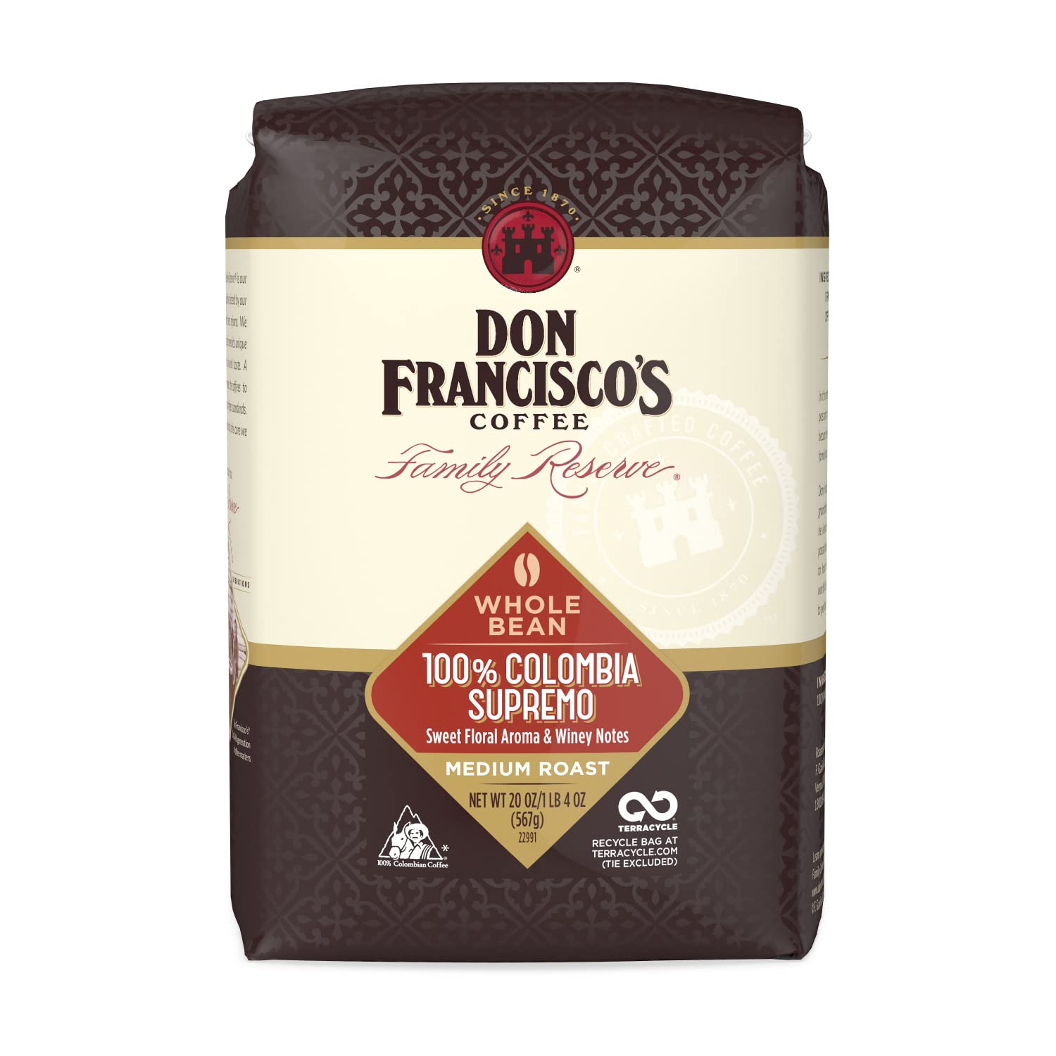 Don Francisco's 100% Colombia Supremo Medium Roast Whole Bean Coffee (20 oz Bag)