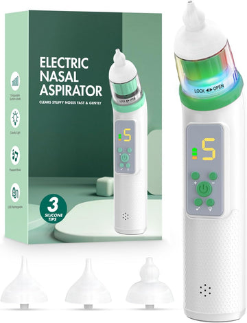 Nasal Aspirator for Baby, Electric Baby Nose Sucker with Adjustable 5 Levels Suction, Baby Nasal Aspirator with Music and Lights, Nose Sucker for Toddler with 3 Tips, Dark Green