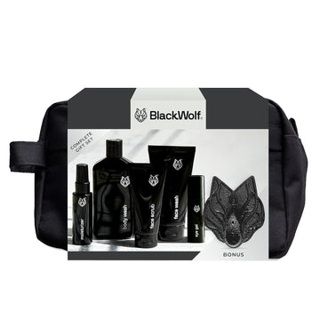 Black Wolf 7-Piece Skincare Gift Set for Men - Face Wash, Face Scrub, Body Wash, Moisturizer, Eye Gel, Scrubber, & Toiletry Bag - Charcoal Powder & Salicylic Acid Skin Cleansing for All Skin Types