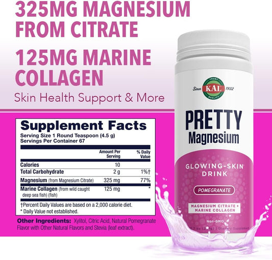 KAL Pretty Magnesium Glowing-Skin Drink | 325mg Mag Citrate + Marine Collagen | Cellular & Skin Health, 10.7oz, 70 Serv